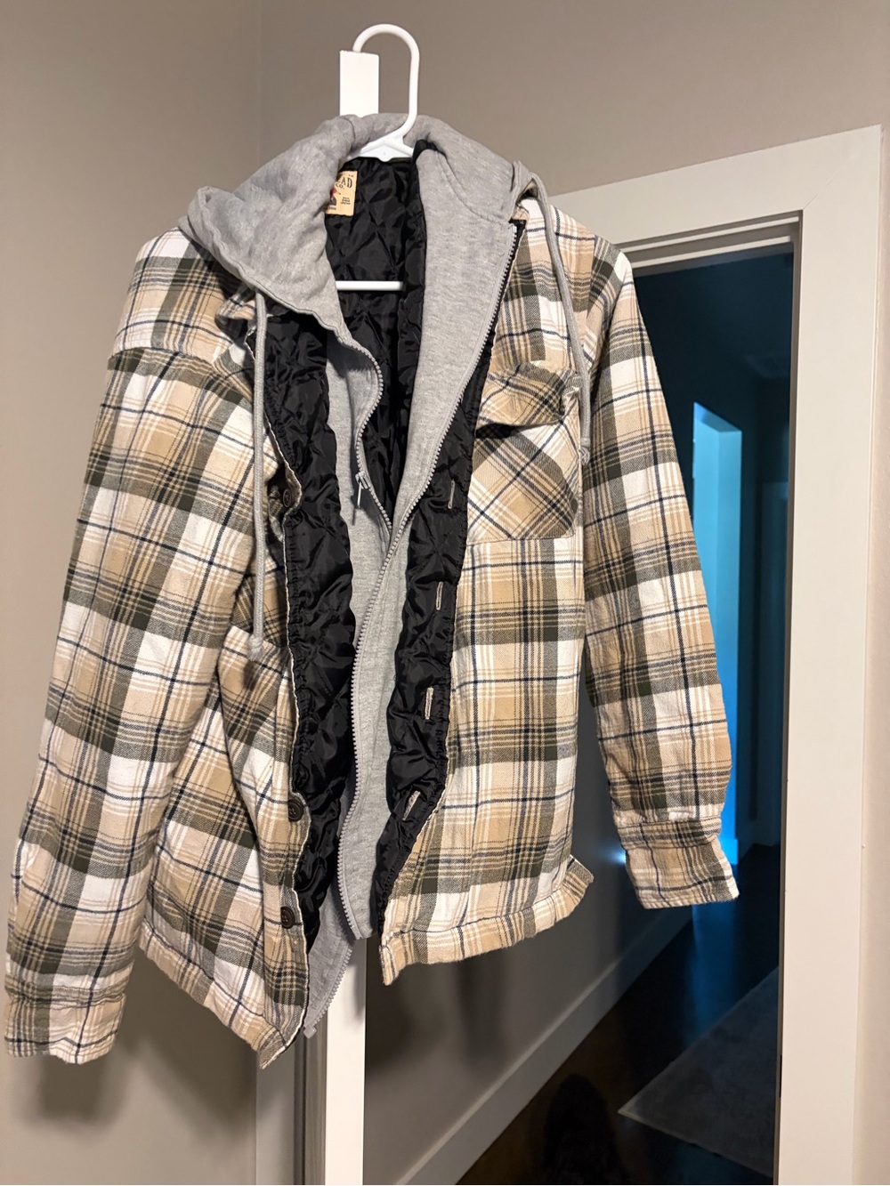 Plaid Hooded Shacket Jacket in Beige and Olive size small